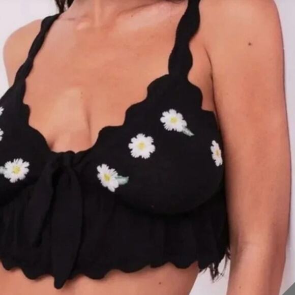 For Love & Lemons Black Daisy Flower Floral Knit Crop Cropped Tank Top XS - Picture 1 of 8